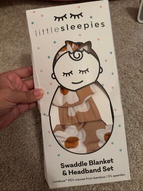 Little Sleepies Tan and White Floral Swaddle Blanket & Headband Set